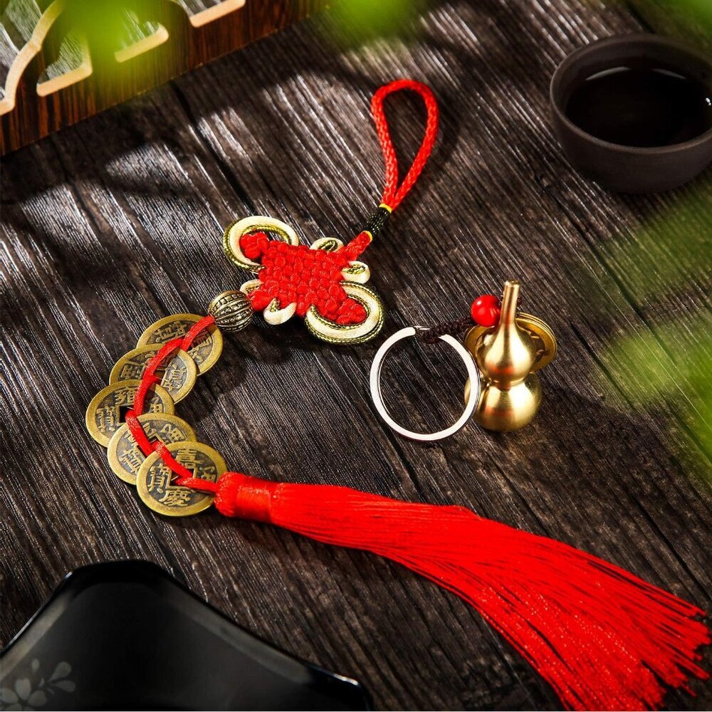 2 Pieces Chinese Coins Feng Shui and Brass Wu Lou Health Amulet Gourd Keychain C - Picture 4 of 7